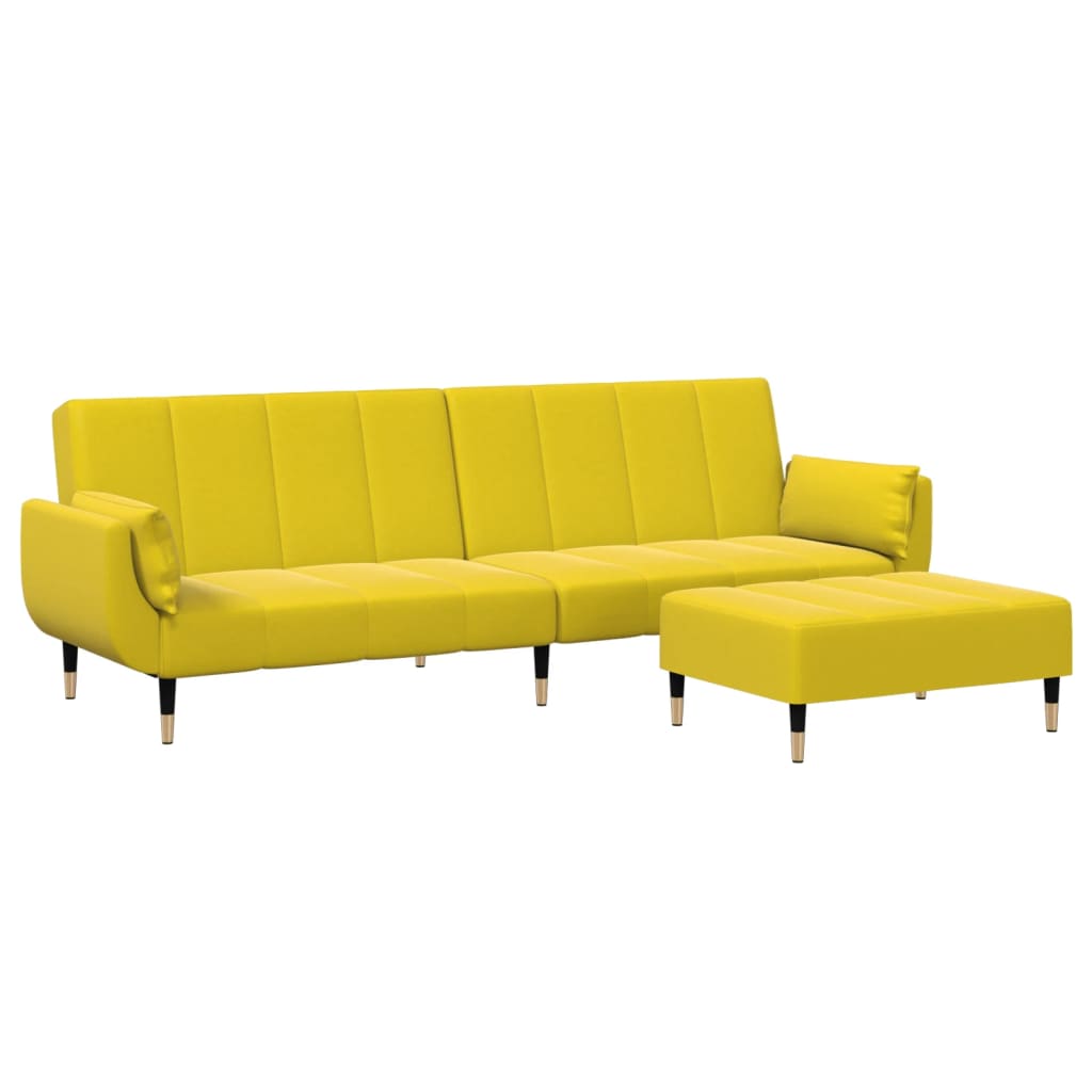 Canapea extensibilă cu taburet, 2 locuri, galben, catifea