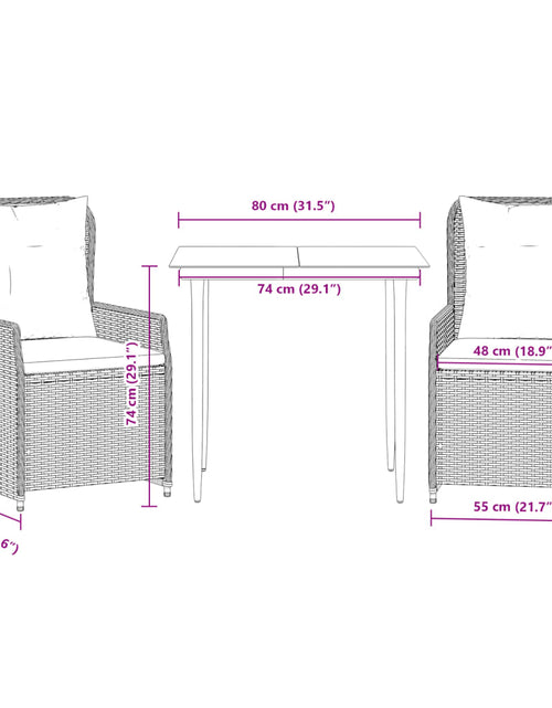 Încărcați imaginea în vizualizatorul Galerie, Set mobilier de grădină cu perne, 3 piese, negru, poliratan
