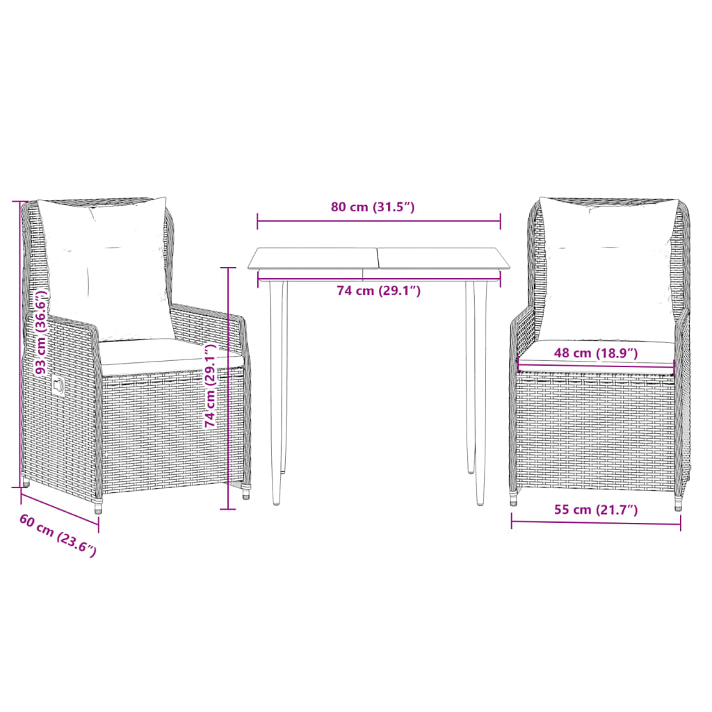 Set mobilier de grădină cu perne, 3 piese, negru, poliratan