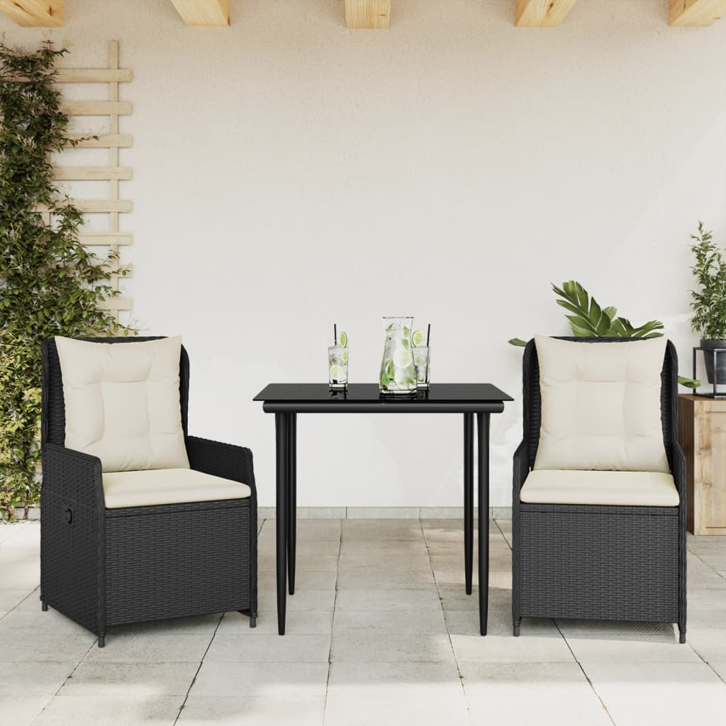 Set mobilier de grădină cu perne, 3 piese, negru, poliratan