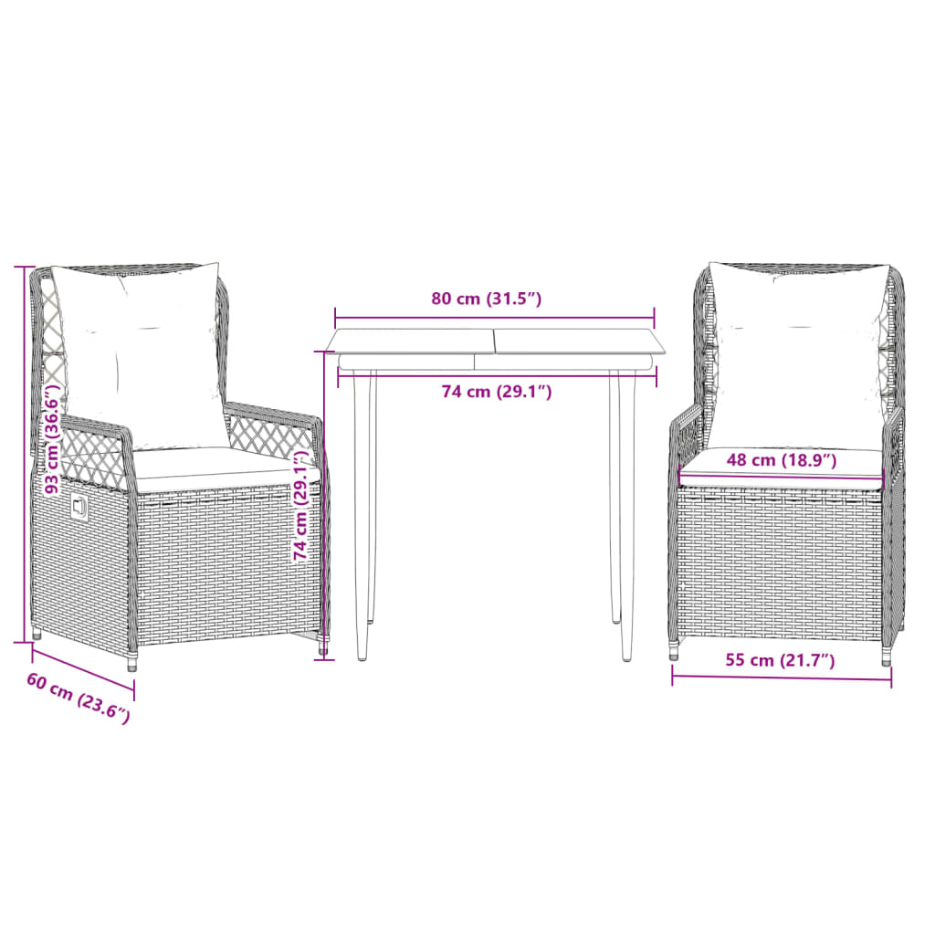 Set mobilier de grădină cu perne, 3 piese, negru, poliratan