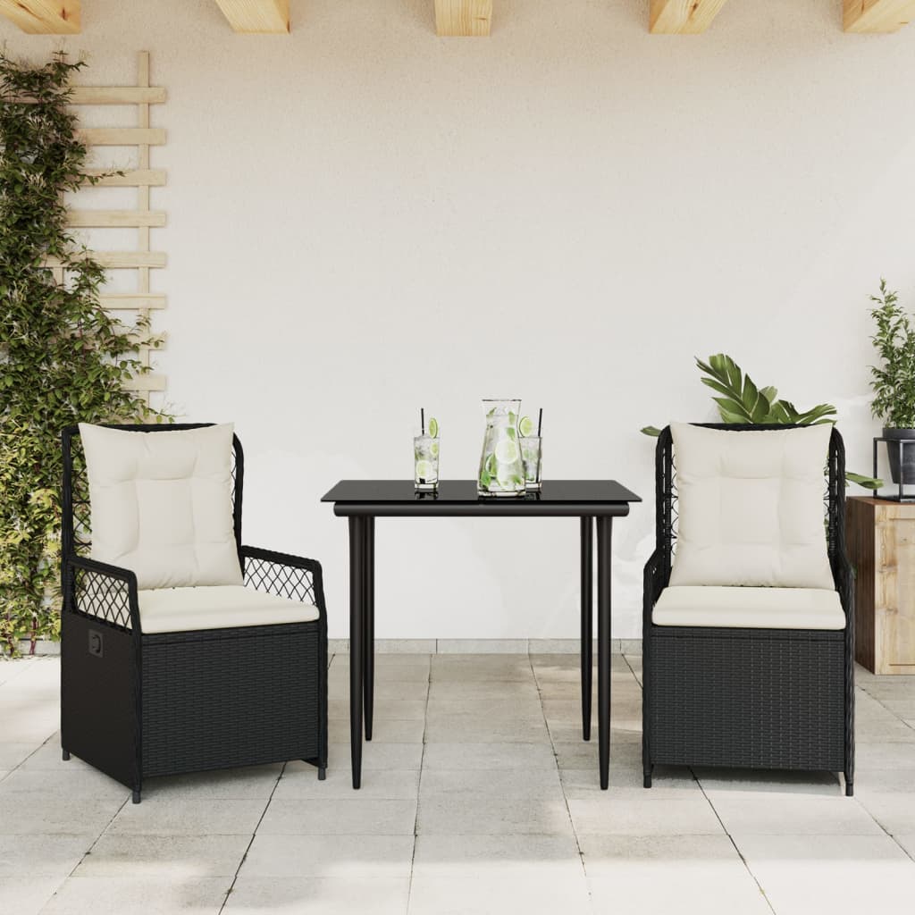 Set mobilier de grădină cu perne, 3 piese, negru, poliratan