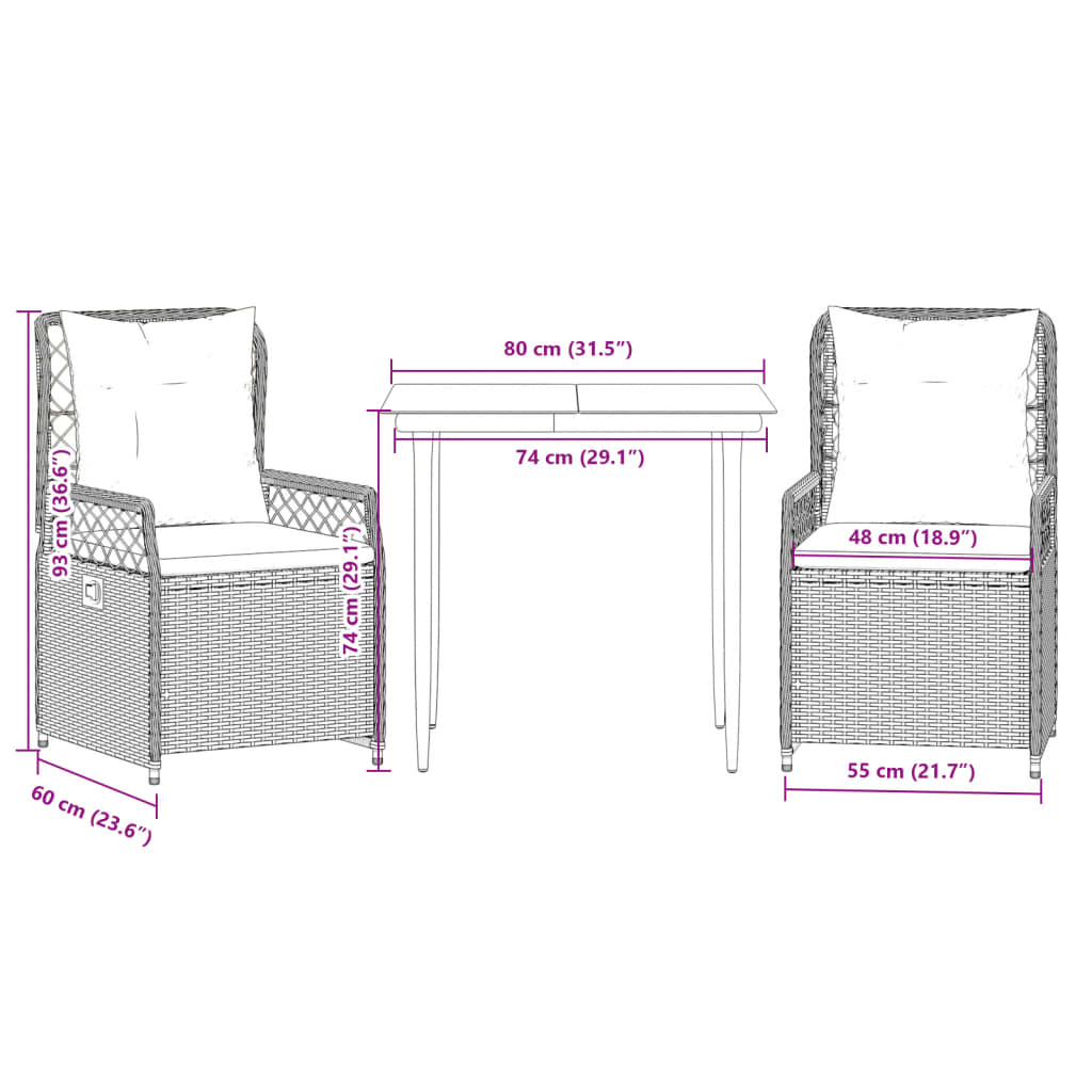 Set mobilier de grădină cu perne, 3 piese, gri, poliratan