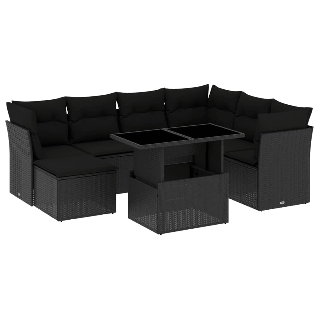 Set mobilier de grădină cu perne, 8 piese, negru, poliratan