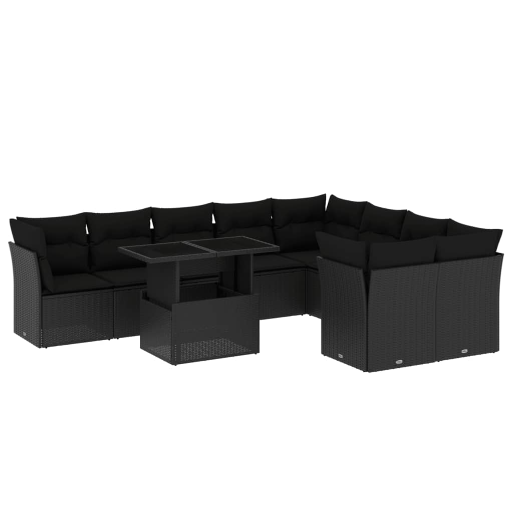 Set canapele de grădină cu perne, 10 piese, negru, poliratan