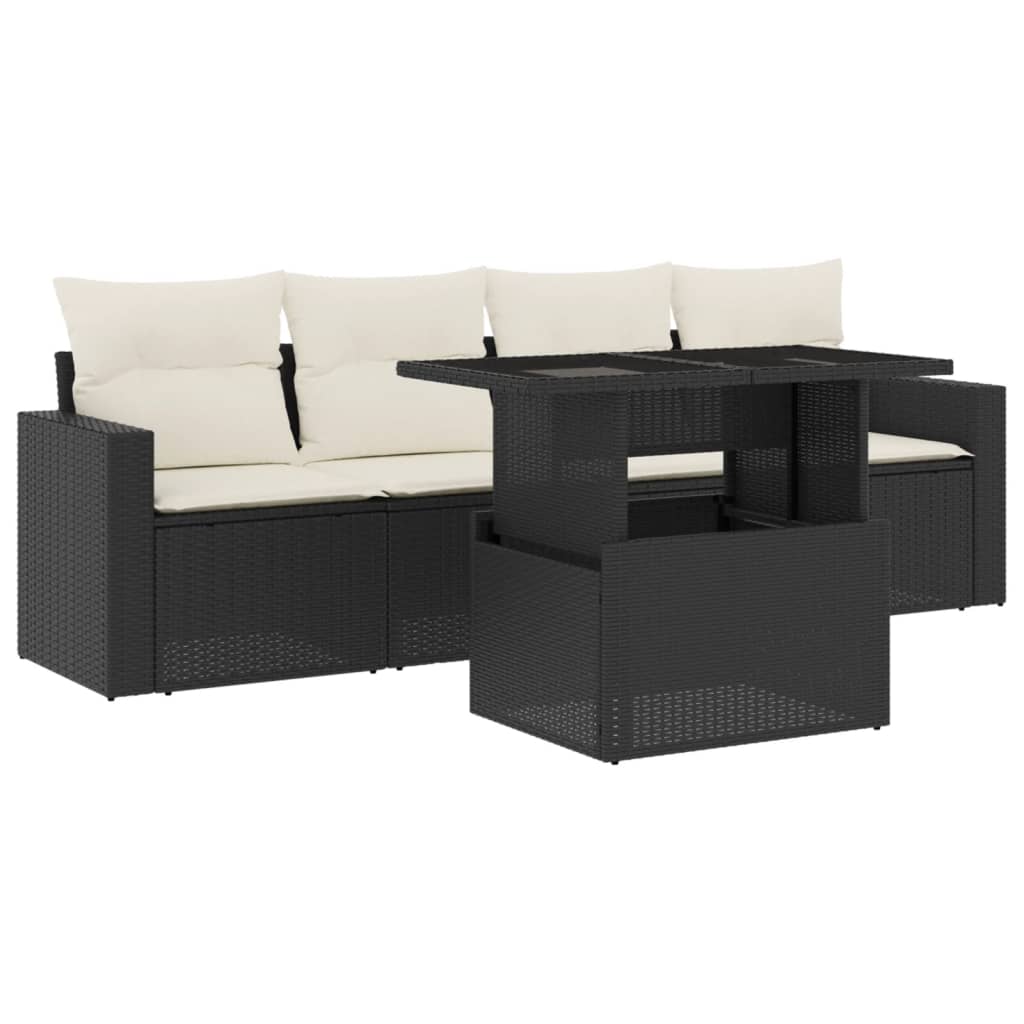 Set mobilier de grădină cu perne, 5 piese, negru, poliratan