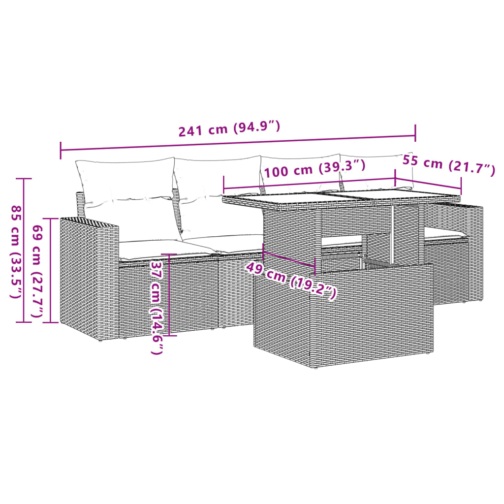 Set mobilier de grădină cu perne, 5 piese, negru, poliratan