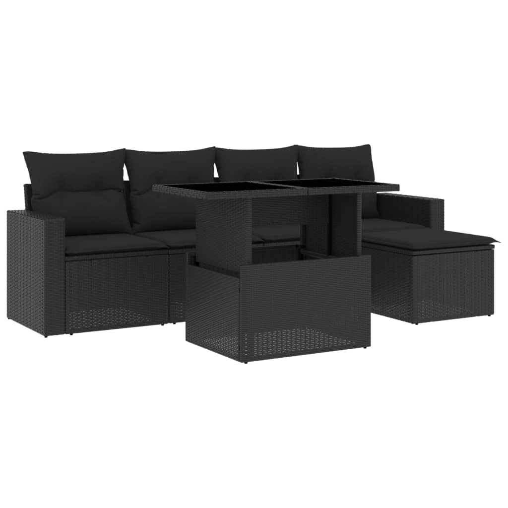 Set mobilier de grădină cu perne, 6 piese, negru, poliratan