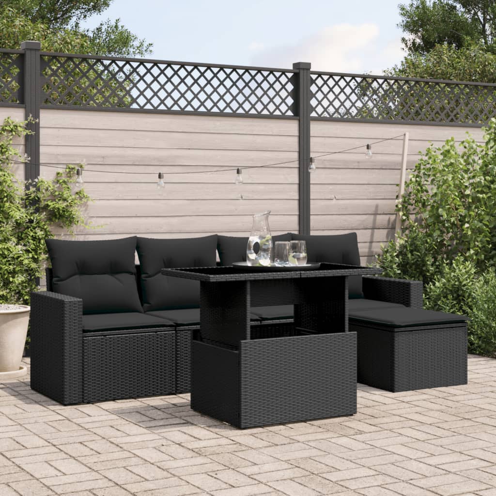 Set mobilier de grădină cu perne, 6 piese, negru, poliratan