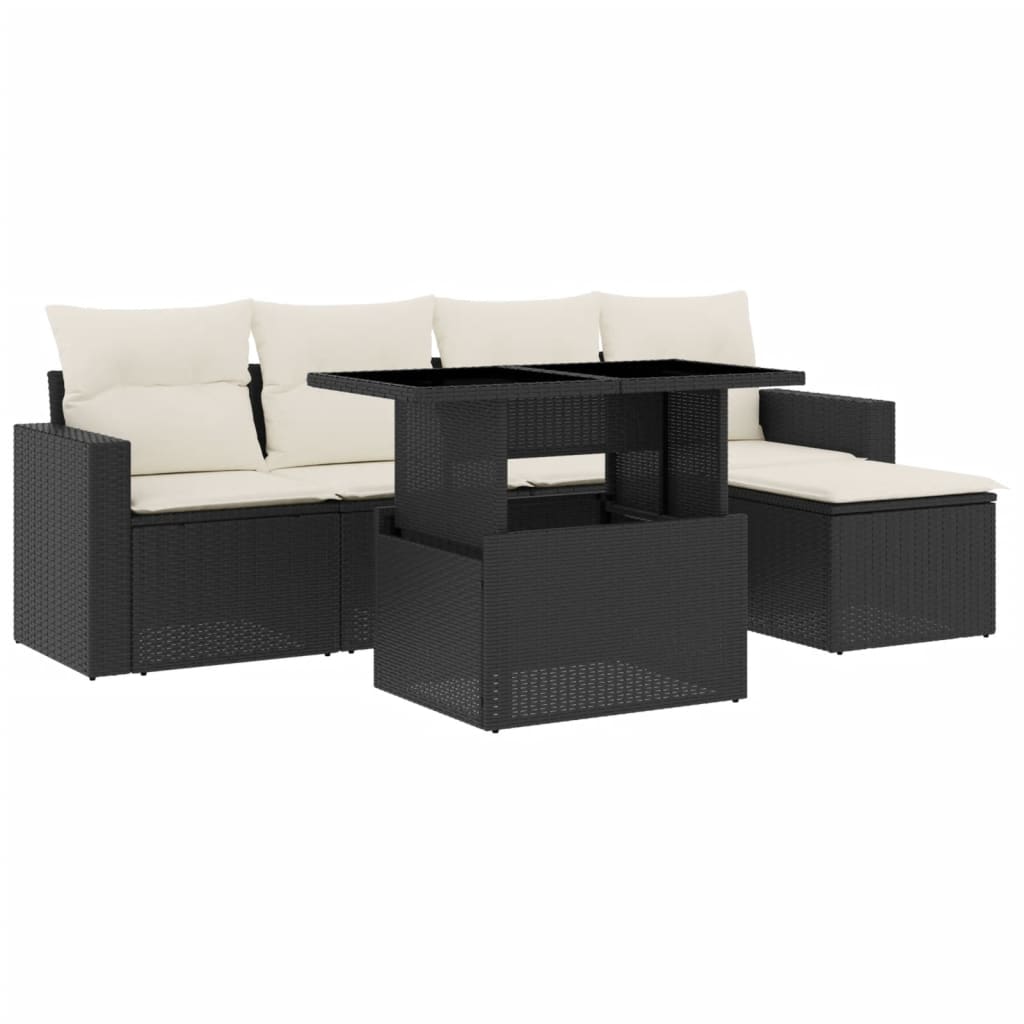 Set mobilier de grădină cu perne, 6 piese, negru, poliratan