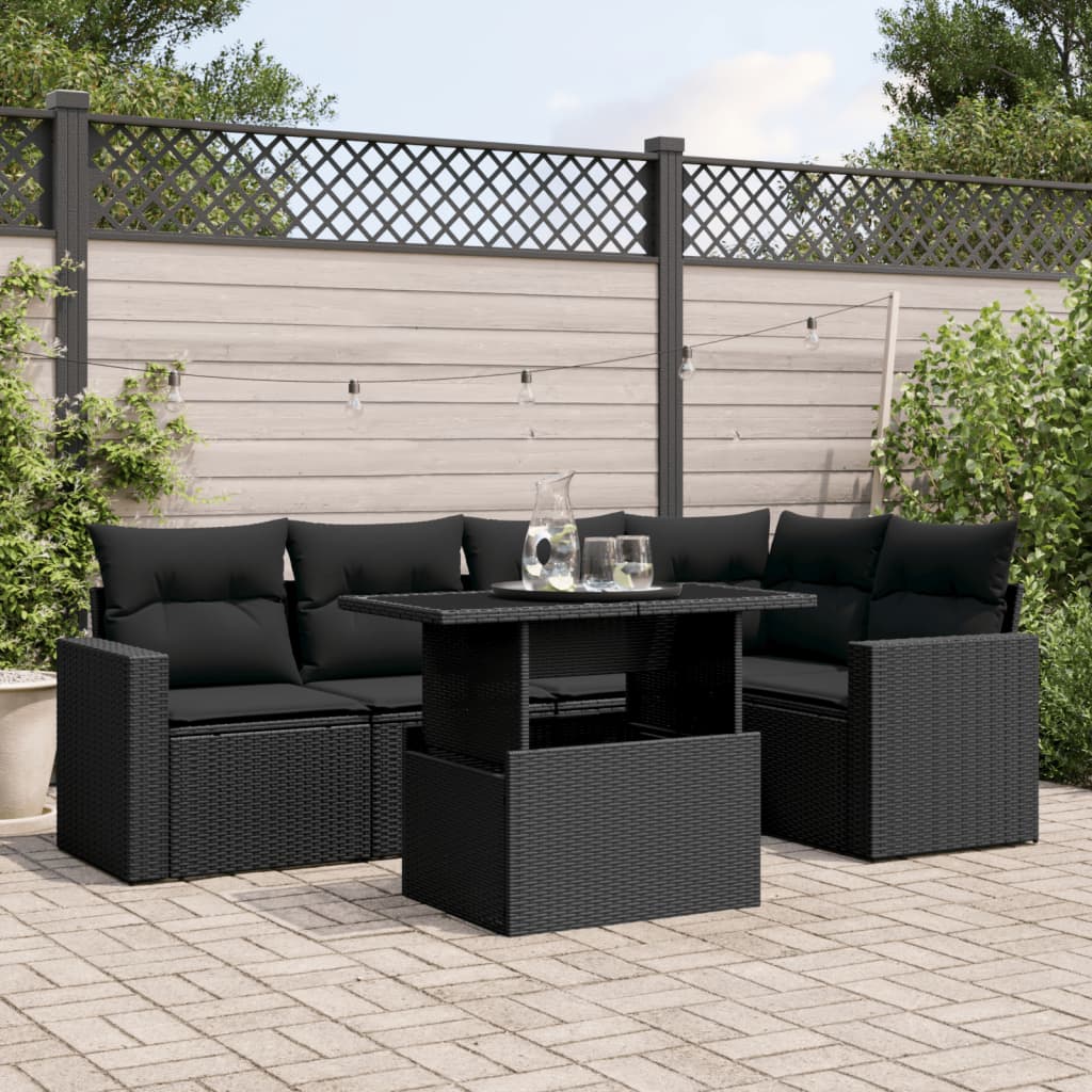 Set mobilier de grădină cu perne, 6 piese, negru, poliratan