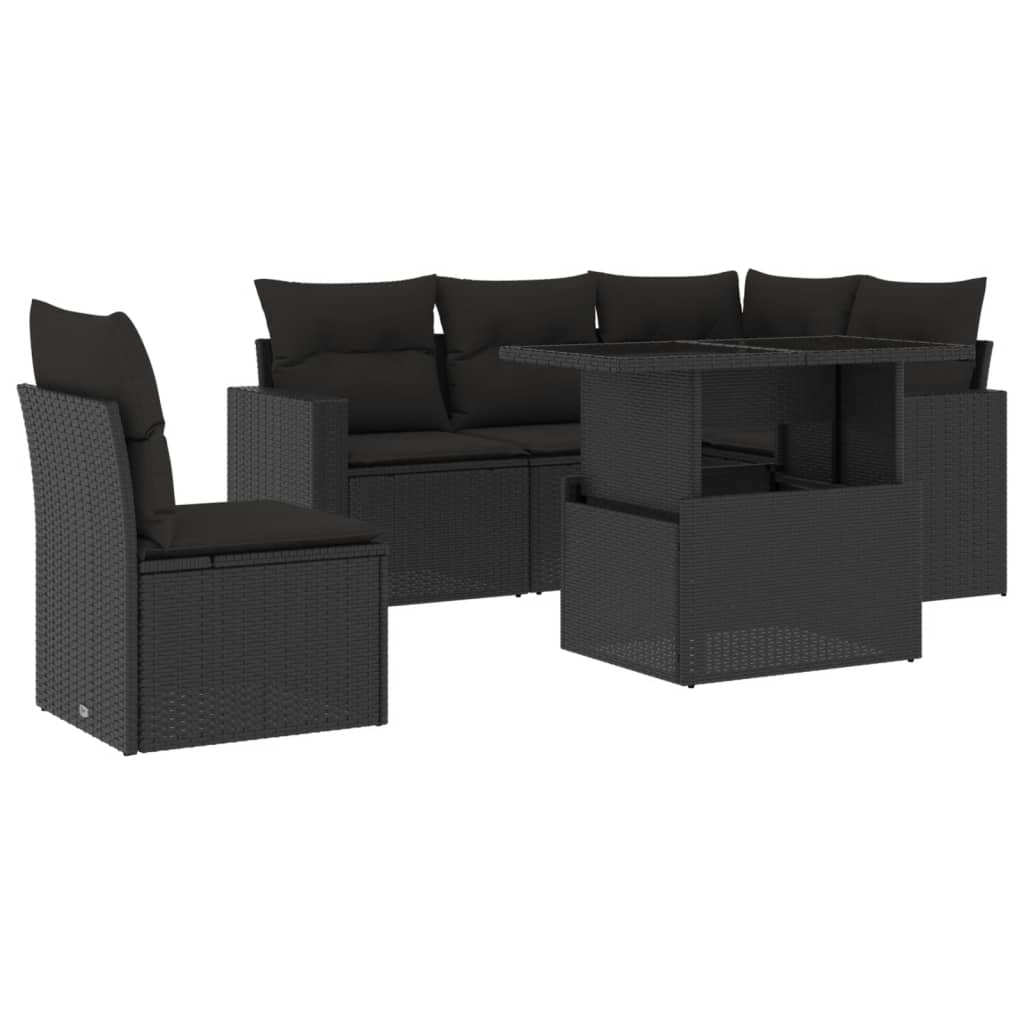 Set mobilier de grădină cu perne, 6 piese, negru, poliratan