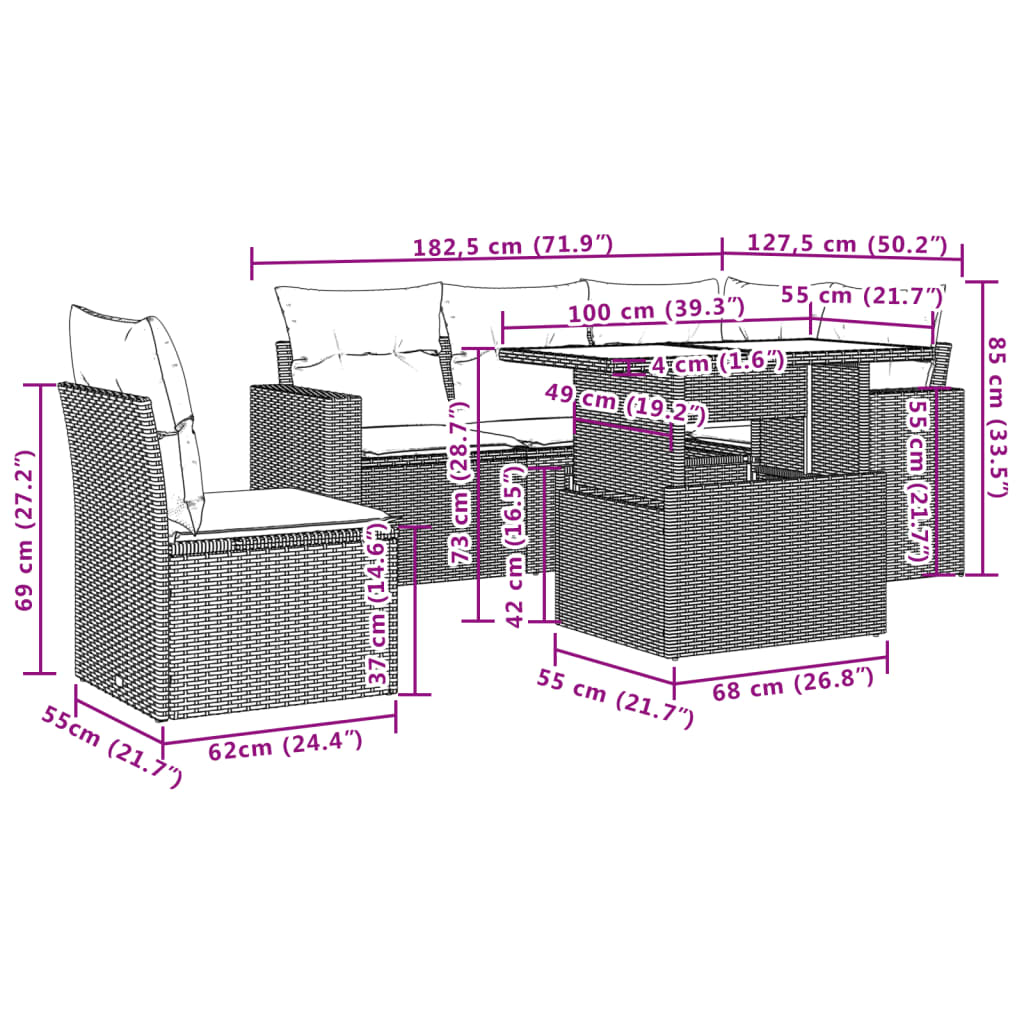 Set mobilier de grădină cu perne, 6 piese, negru, poliratan