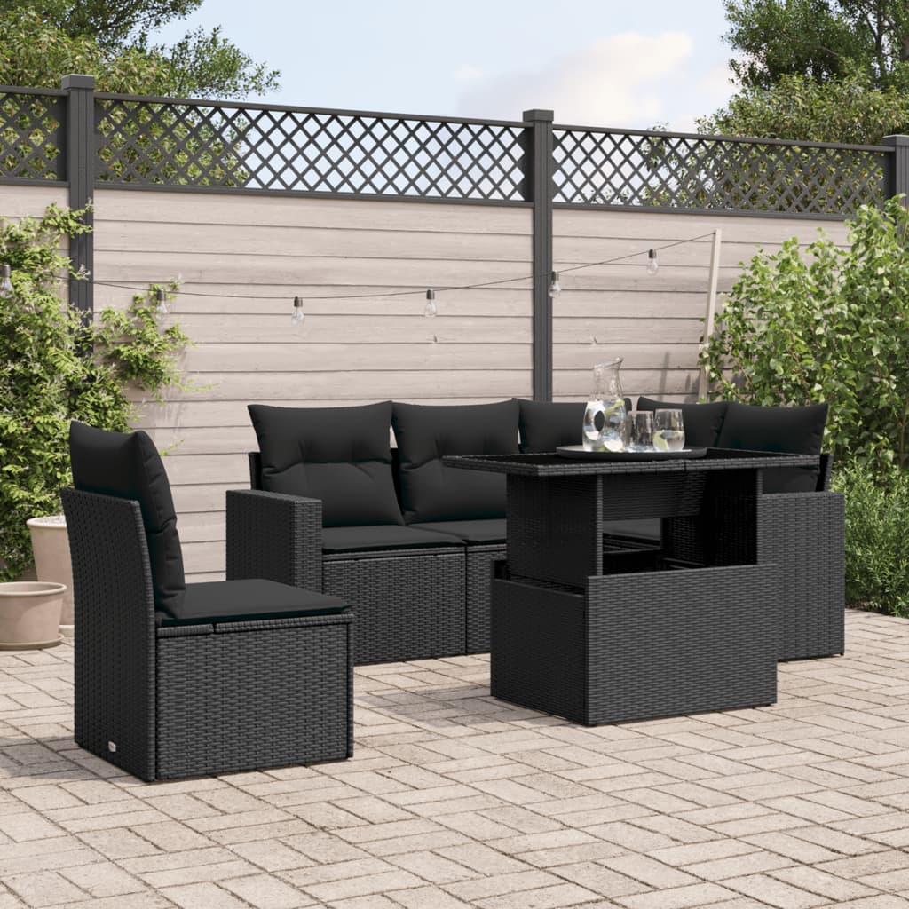 Set mobilier de grădină cu perne, 6 piese, negru, poliratan