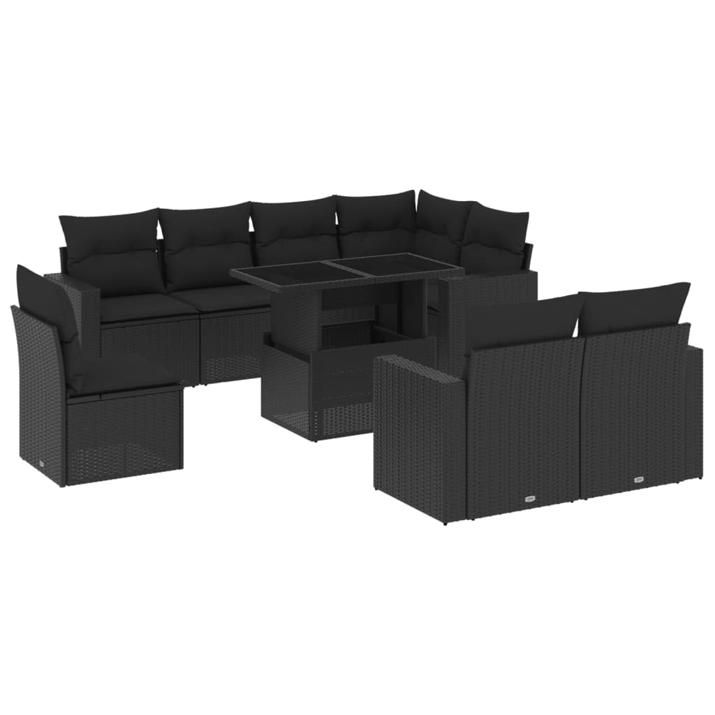 Set mobilier de grădină cu perne, 9 piese, negru, poliratan