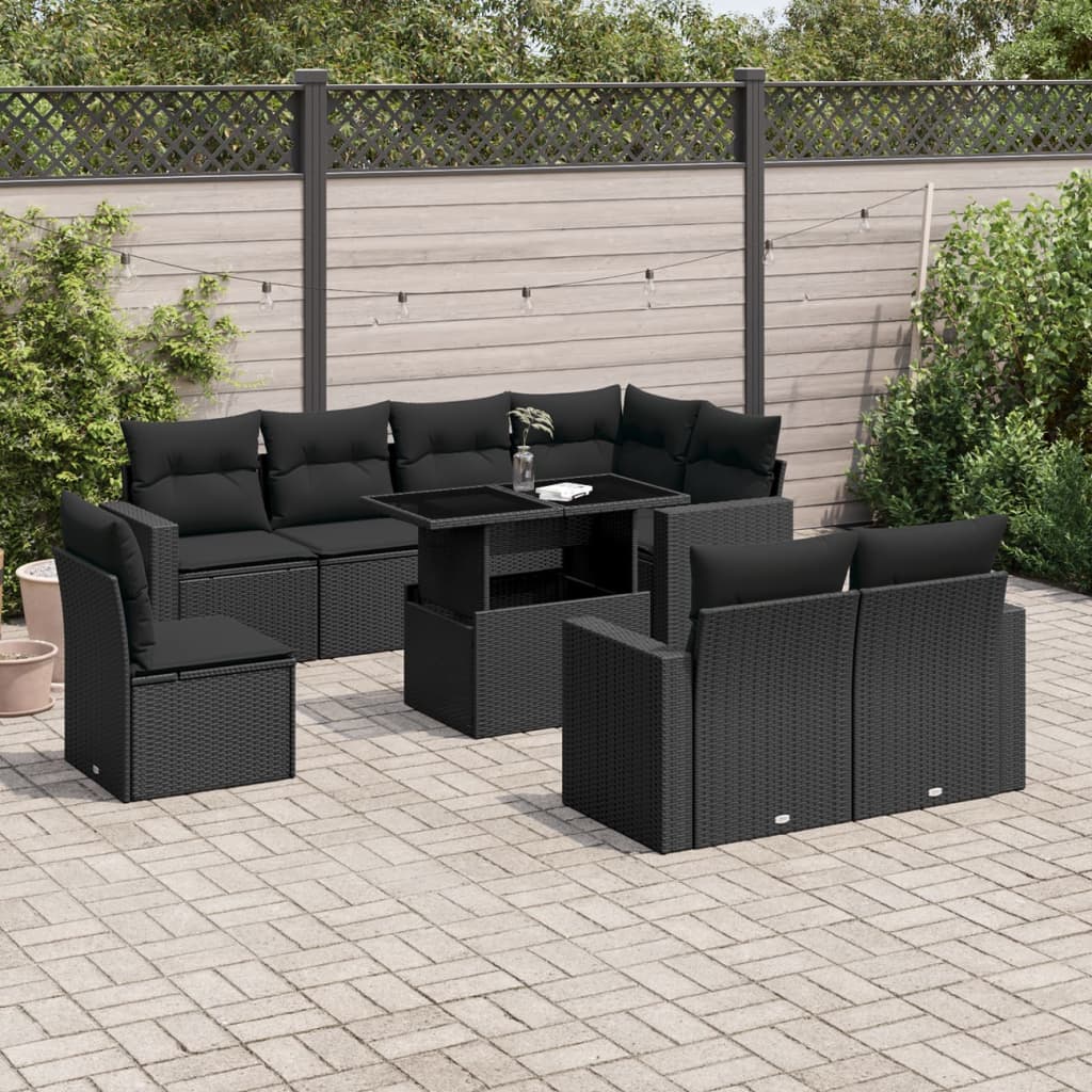 Set mobilier de grădină cu perne, 9 piese, negru, poliratan