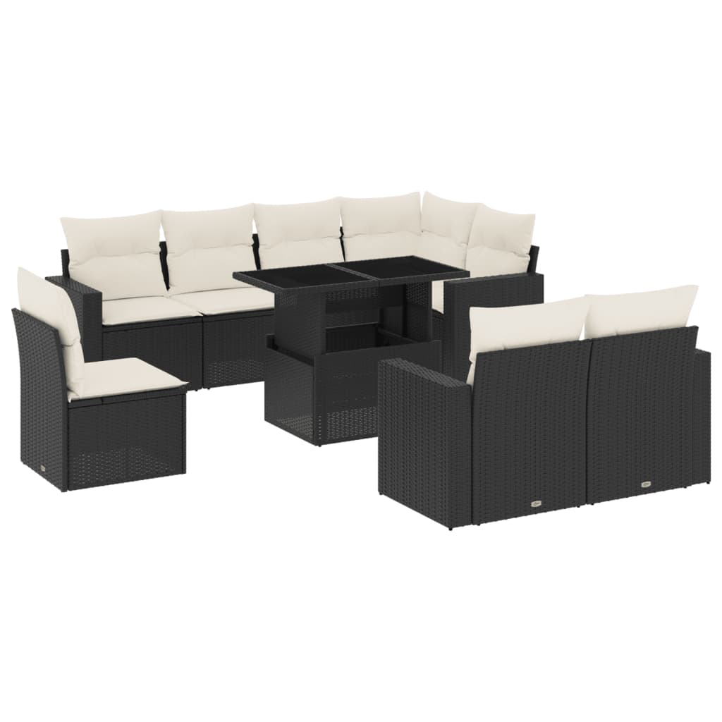 Set mobilier de grădină cu perne, 9 piese, negru, poliratan