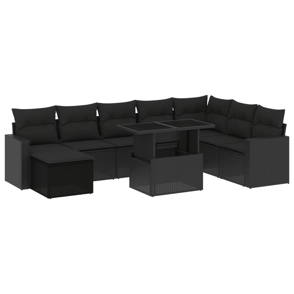 Set mobilier de grădină cu perne, 9 piese, negru, poliratan