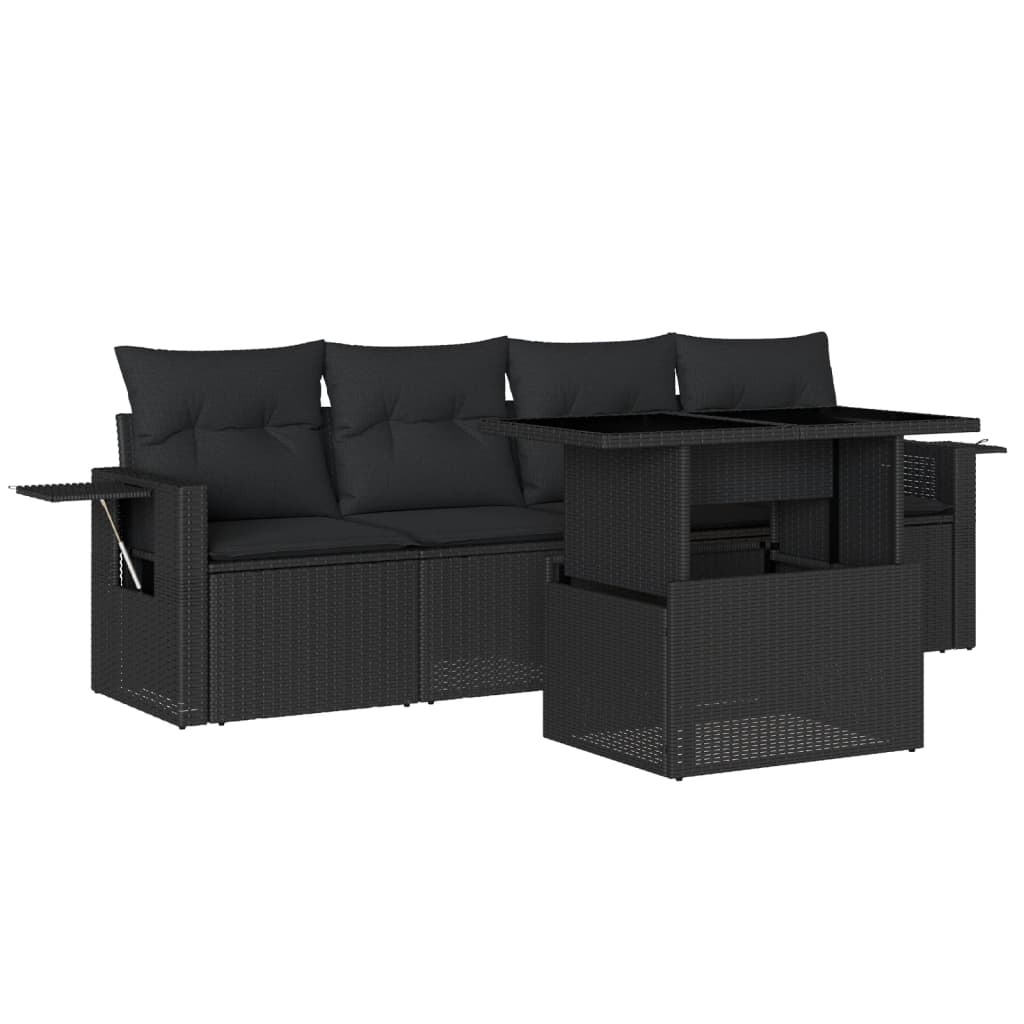 Set mobilier de grădină cu perne, 5 piese, negru, poliratan