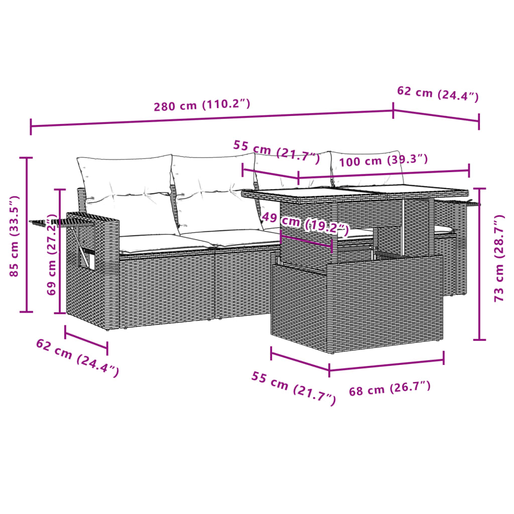 Set mobilier de grădină cu perne, 5 piese, negru, poliratan