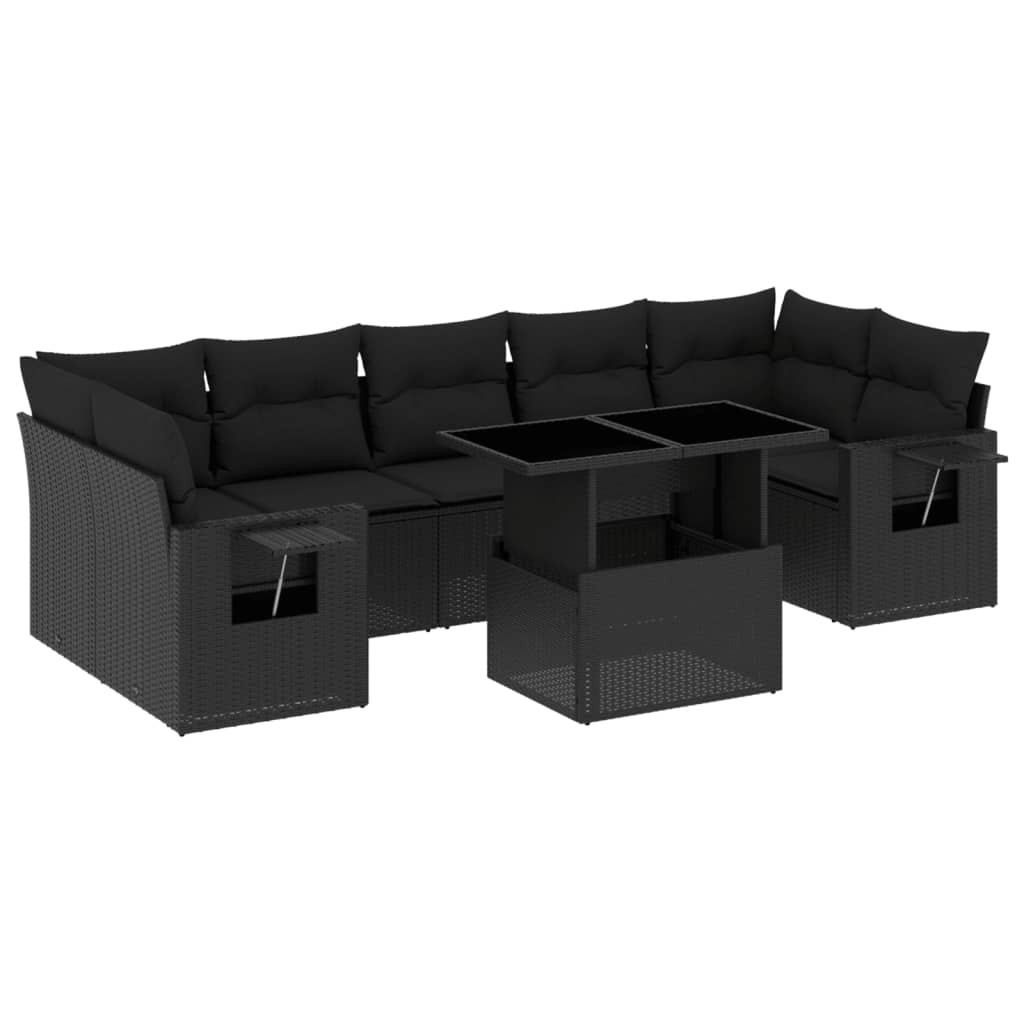 Set mobilier de grădină cu perne, 8 piese, negru, poliratan