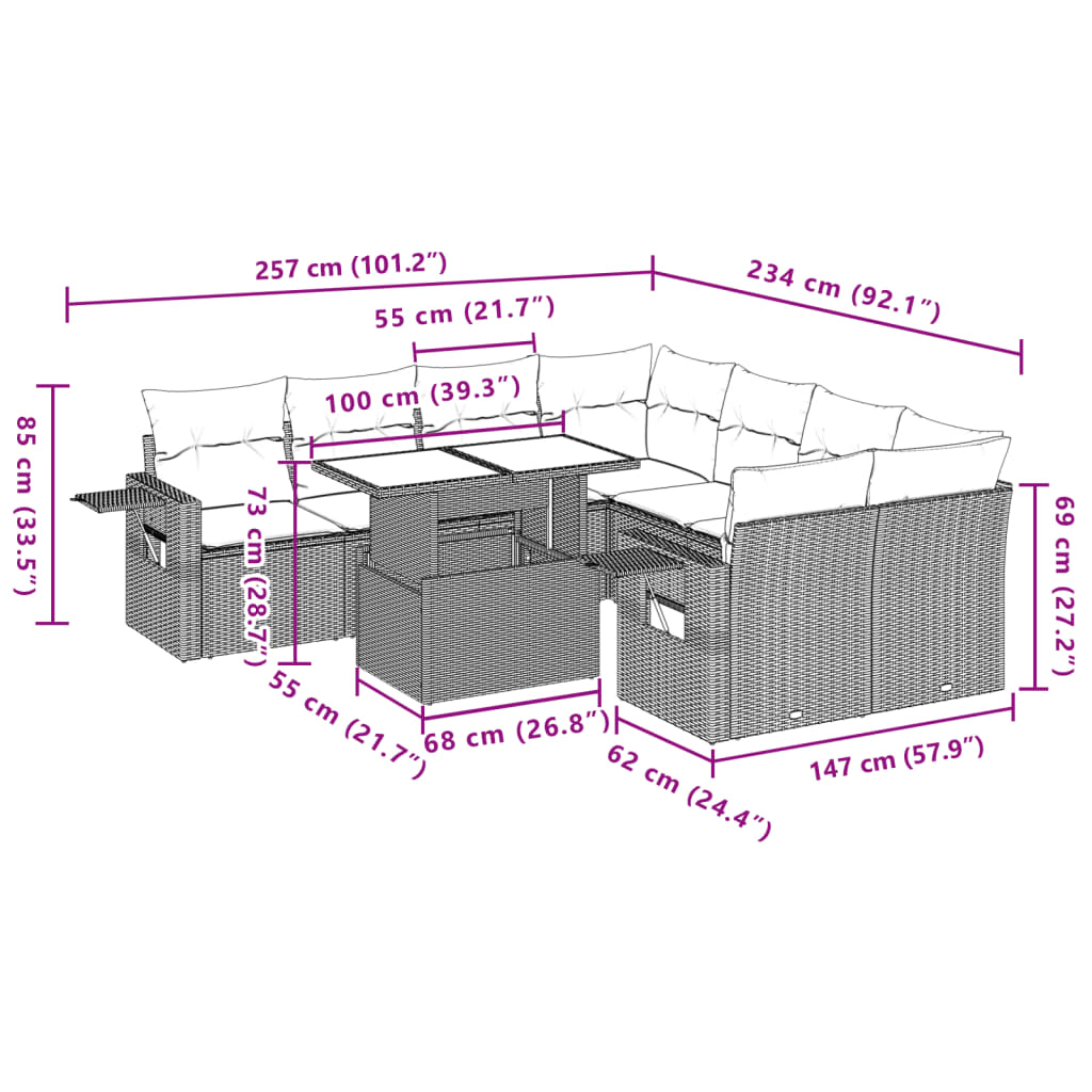 Set mobilier de grădină cu perne, 9 piese, negru, poliratan