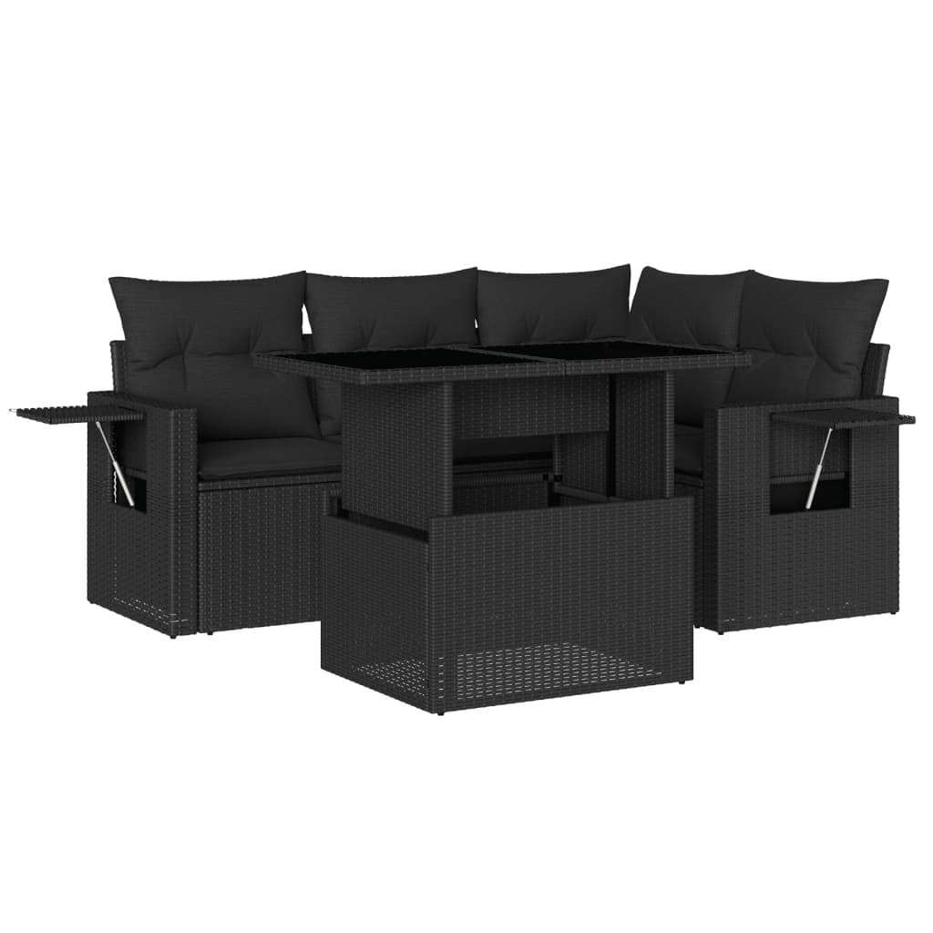 Set mobilier de grădină cu perne, 5 piese, negru, poliratan