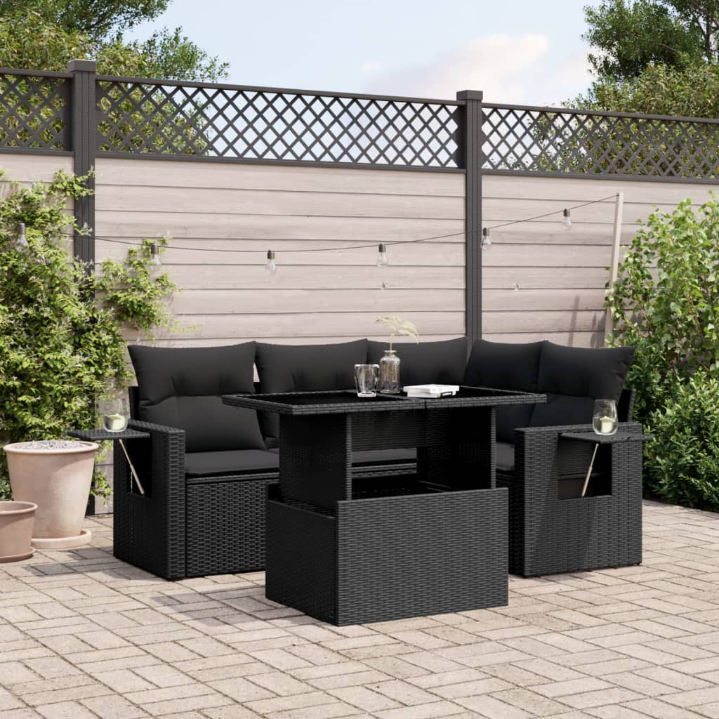 Set mobilier de grădină cu perne, 5 piese, negru, poliratan