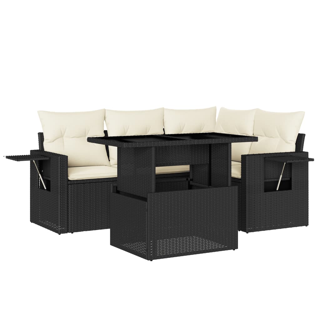 Set mobilier de grădină cu perne, 5 piese, negru, poliratan