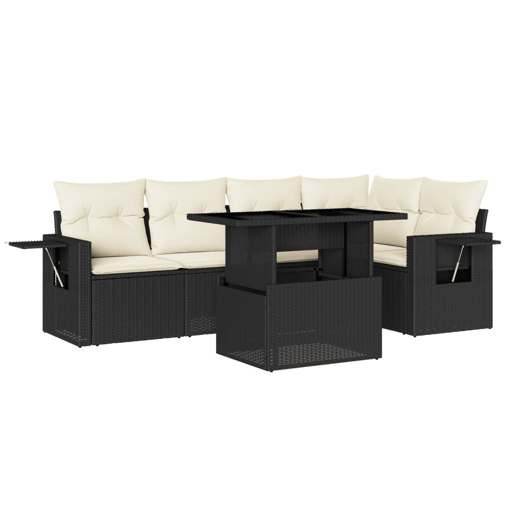 Set mobilier de grădină cu perne, 6 piese, negru, poliratan