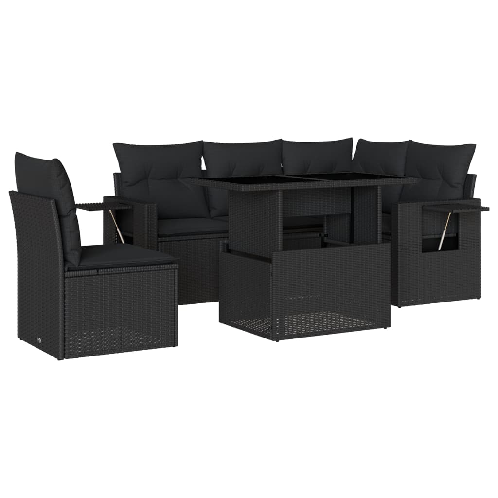 Set mobilier de grădină cu perne, 6 piese, negru, poliratan