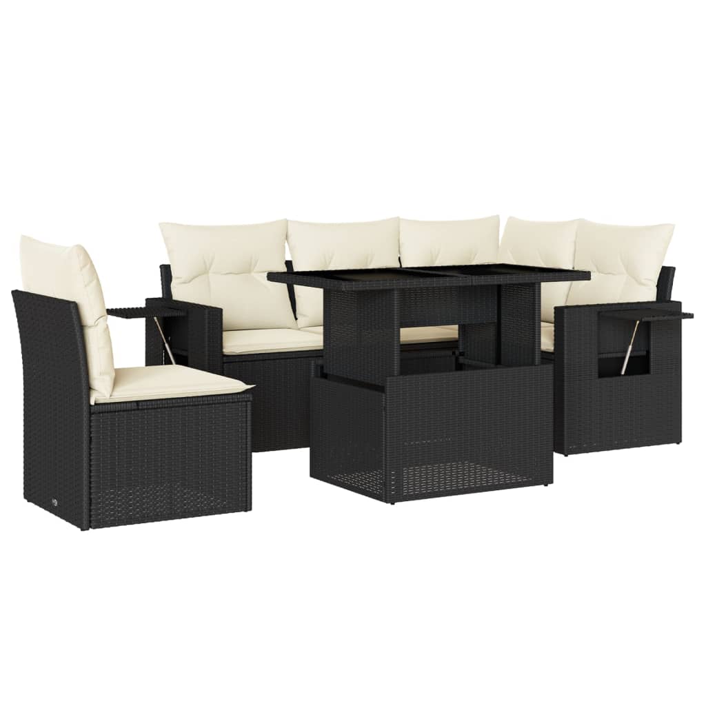 Set mobilier de grădină cu perne, 6 piese, negru, poliratan