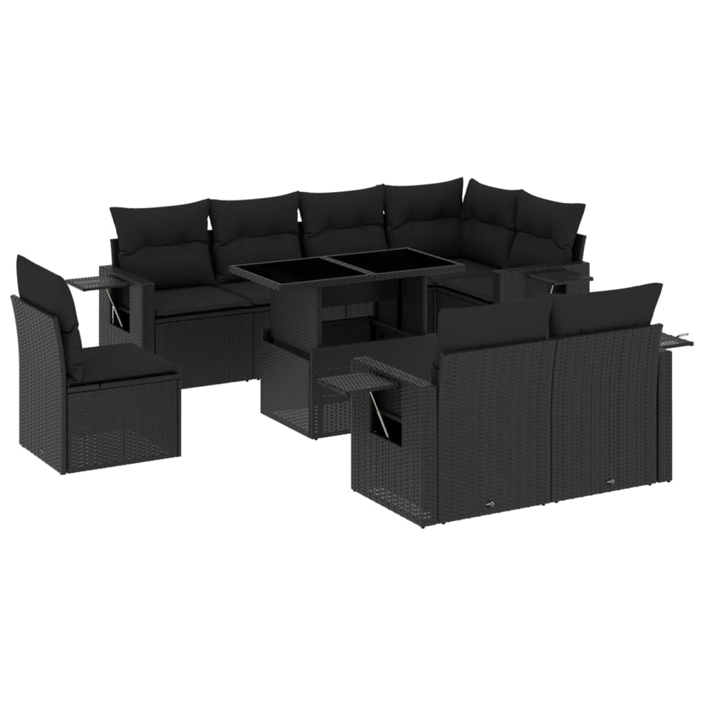 Set mobilier de grădină cu perne, 9 piese, negru, poliratan