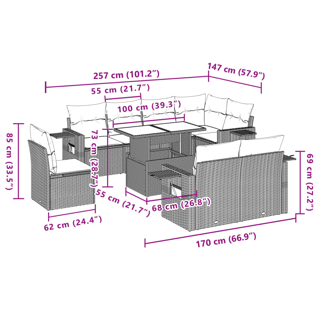 Set mobilier de grădină cu perne, 9 piese, negru, poliratan