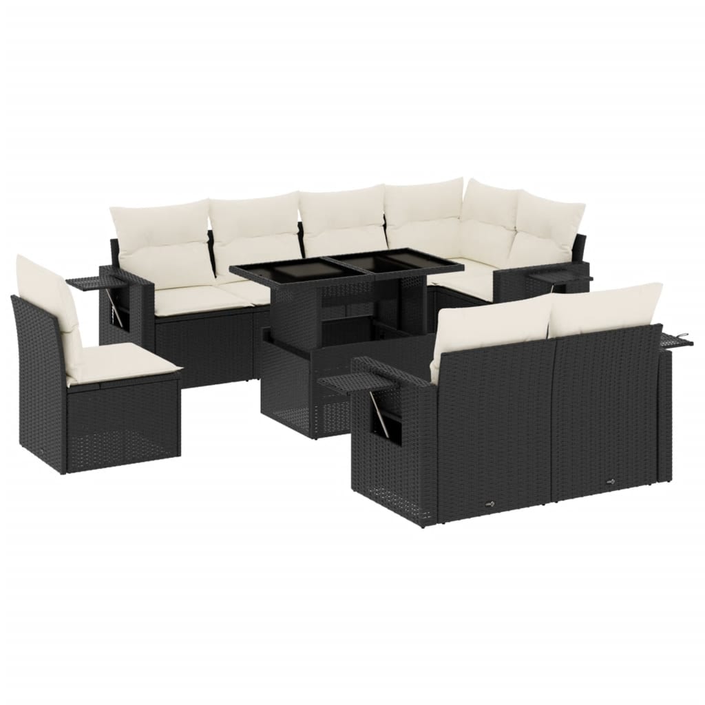 Set mobilier de grădină cu perne, 9 piese, negru, poliratan