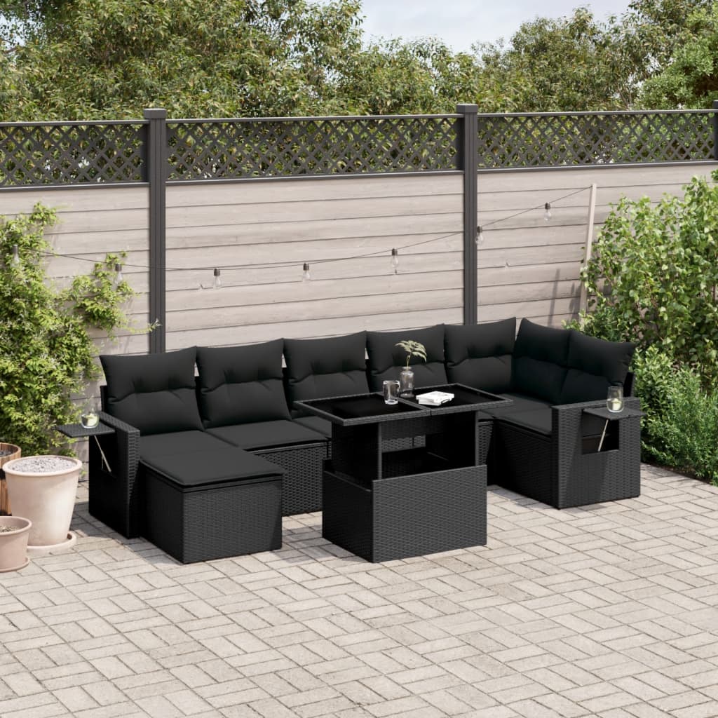 Set mobilier de grădină cu perne, 8 piese, negru, poliratan