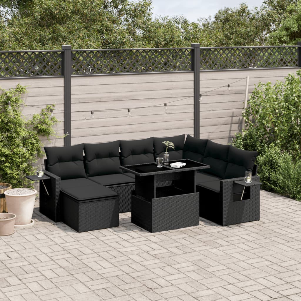 Set mobilier de grădină cu perne, 9 piese, negru, poliratan