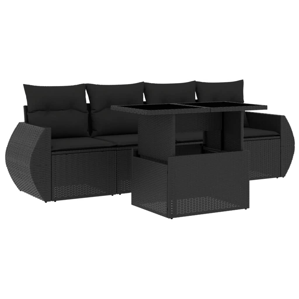 Set mobilier de grădină cu perne, 5 piese, negru, poliratan