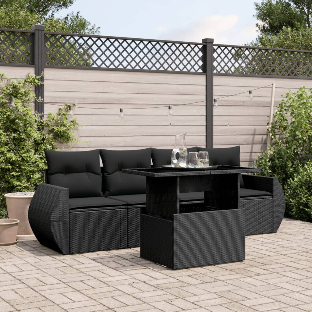 Set mobilier de grădină cu perne, 5 piese, negru, poliratan