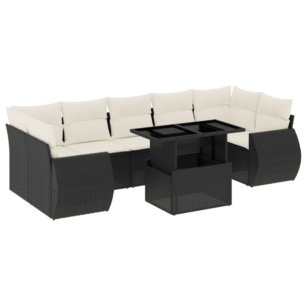 Set mobilier de grădină cu perne, 8 piese, negru, poliratan