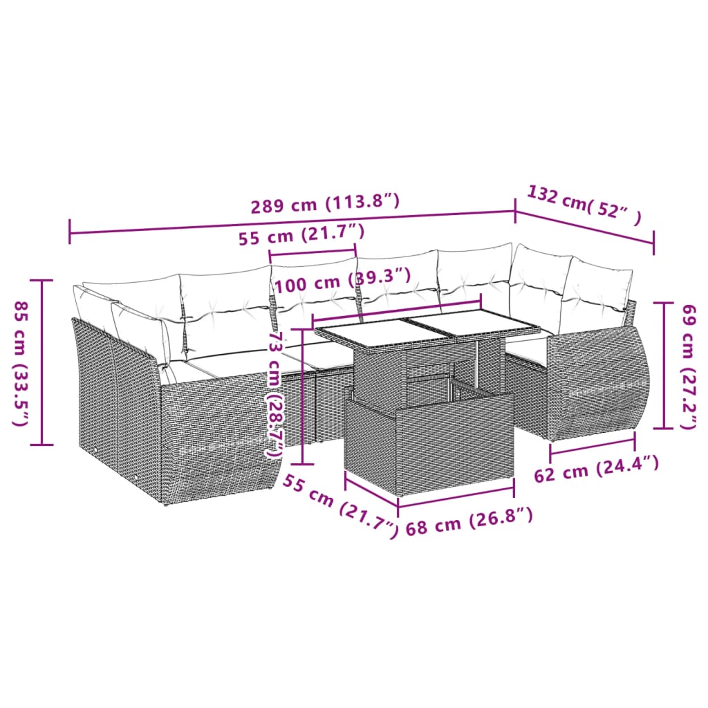 Set mobilier de grădină cu perne, 8 piese, negru, poliratan