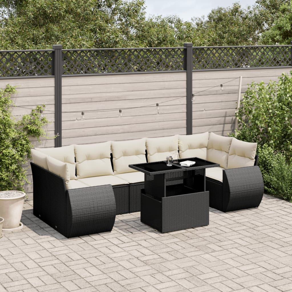 Set mobilier de grădină cu perne, 8 piese, negru, poliratan