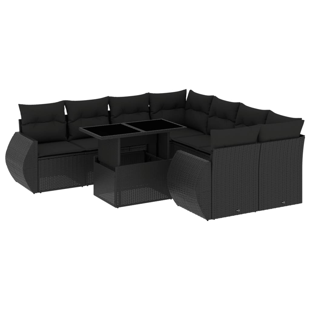 Set mobilier de grădină cu perne, 9 piese, negru, poliratan