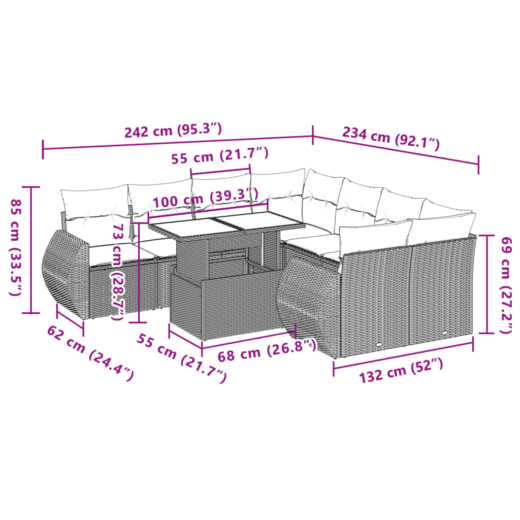 Set mobilier de grădină cu perne, 9 piese, negru, poliratan