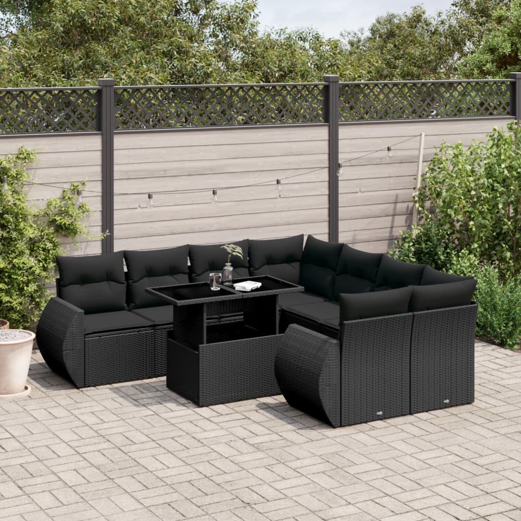 Set mobilier de grădină cu perne, 9 piese, negru, poliratan