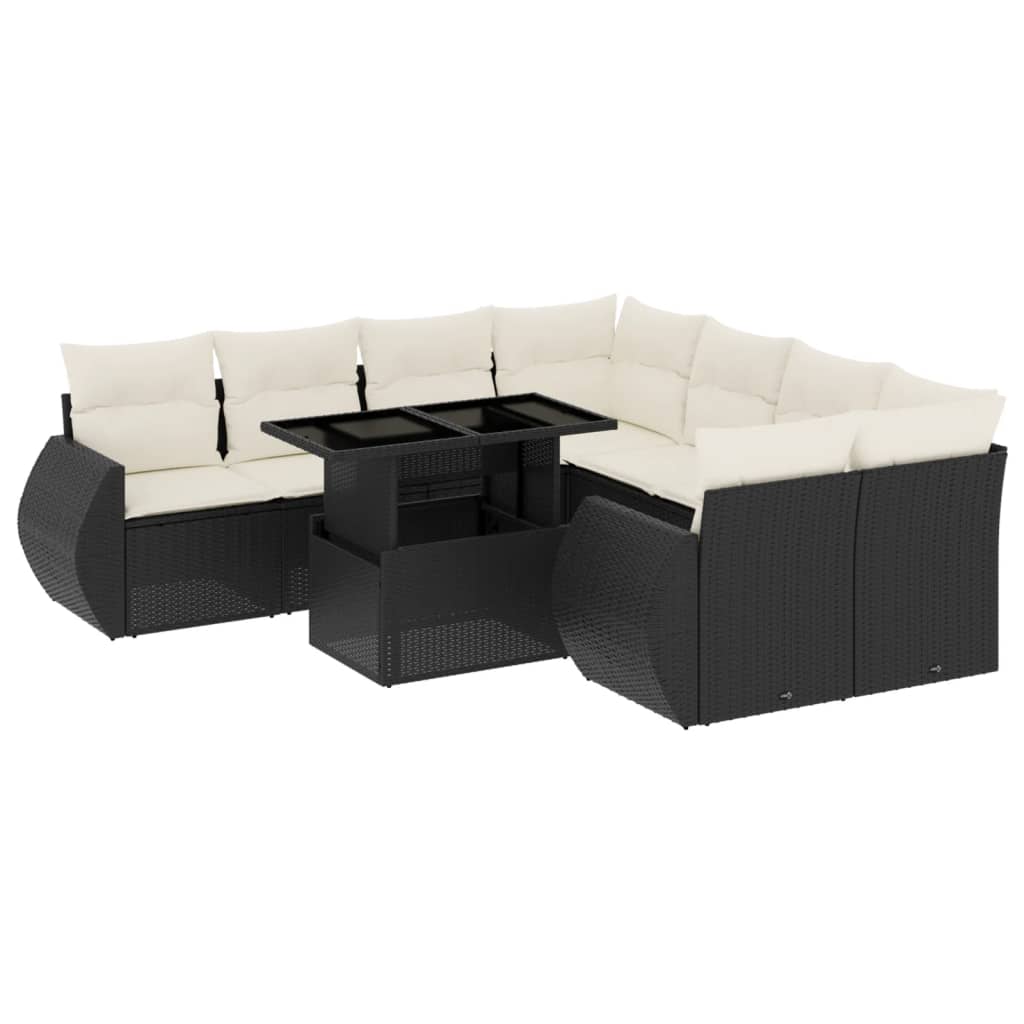 Set mobilier de grădină cu perne, 9 piese, negru, poliratan