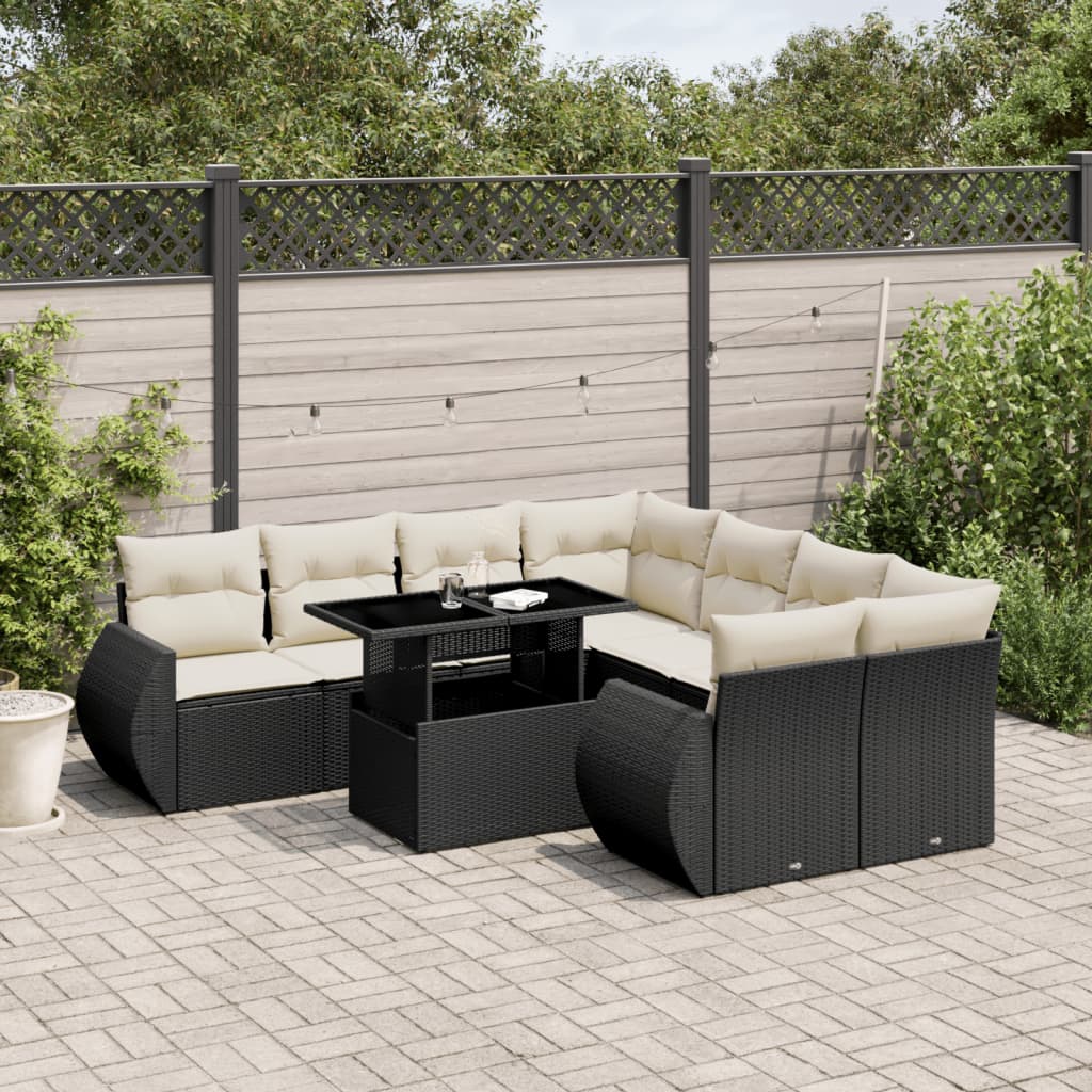 Set mobilier de grădină cu perne, 9 piese, negru, poliratan