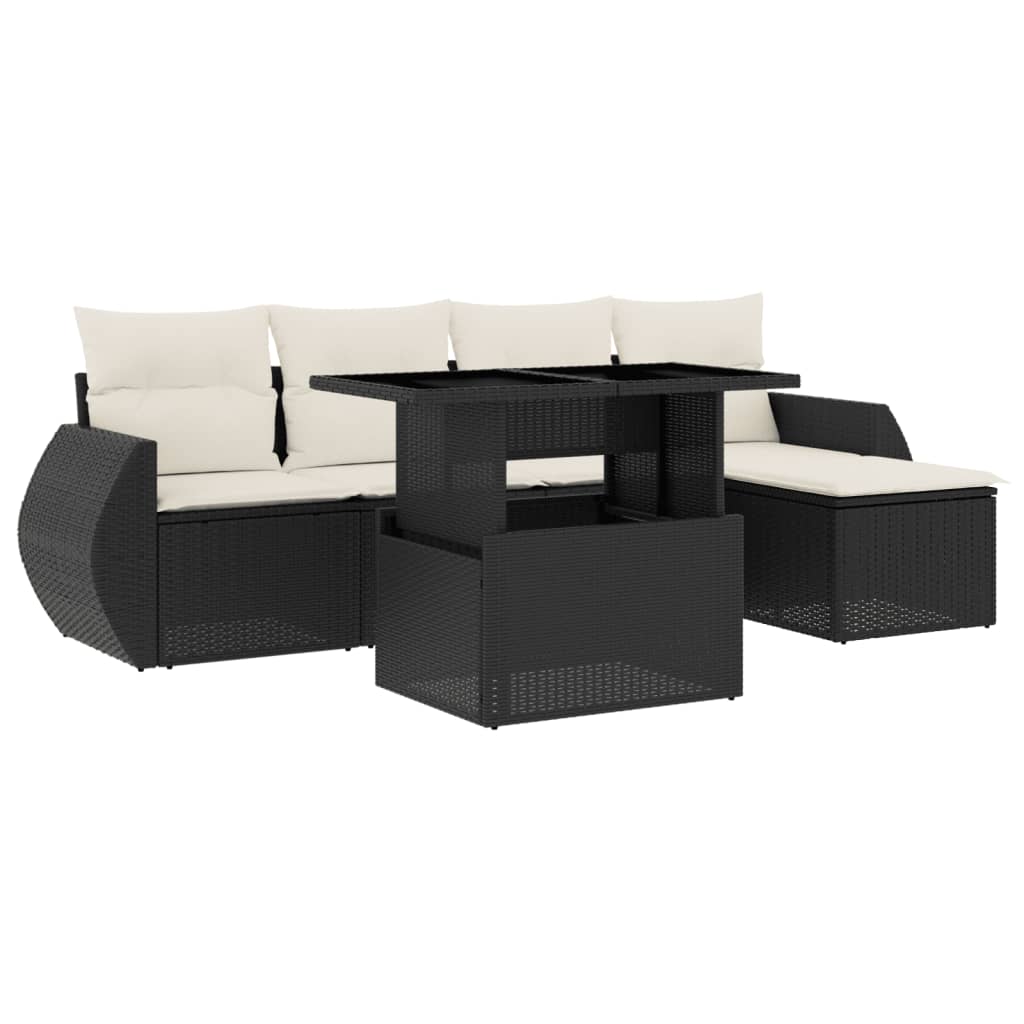 Set mobilier de grădină cu perne, 6 piese, negru, poliratan