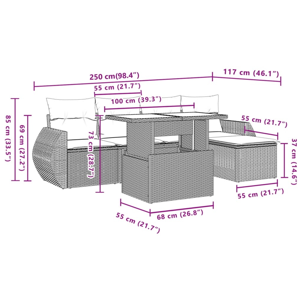 Set mobilier de grădină cu perne, 6 piese, negru, poliratan