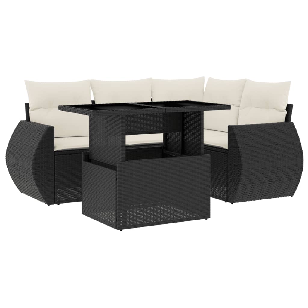 Set mobilier de grădină cu perne, 5 piese, negru, poliratan